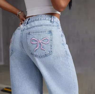 Secret Polly Fashion Retro Bow Embroidered Jeans Women'S Straight Leg Slim Fit Jeans Pants Baggy Y2k Jeans