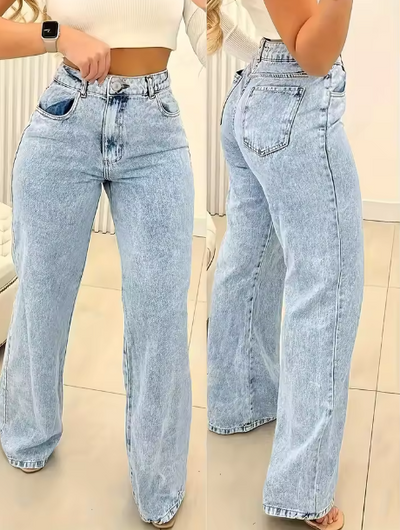 Secret Polly style high waist straight snowflake washed blue women's denim trousers for street style and elegant look
